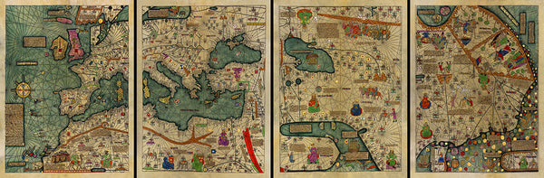 Medieval Map, All Kingdoms of the World, Catalan Atlas, 1375, 4-panel Set