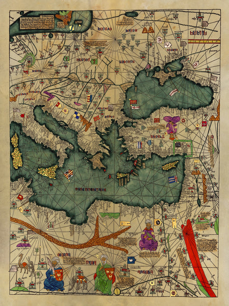 Medieval Map, All Kingdoms of the World, Catalan Atlas, 1375, 4-panel Set