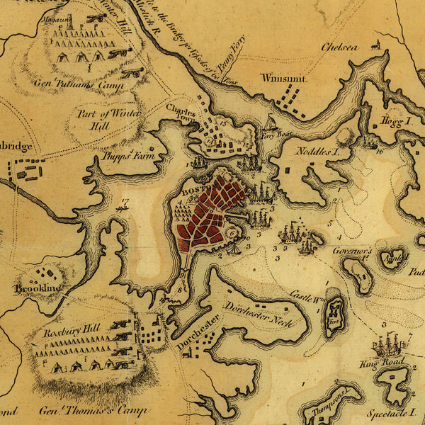 Boston, 1775, Siege, Battle of Lexington & Concord, Revolutionary War Map