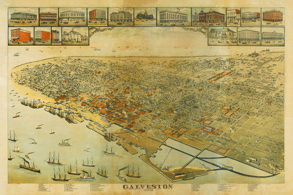 Galveston, Texas, 1885, Bird’s Eye View, Old Map