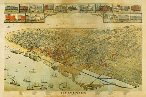 Galveston, Texas, 1885, Bird’s Eye View, Old Map