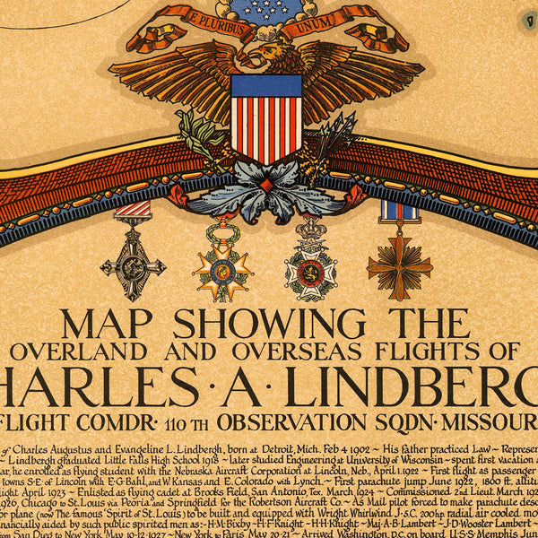 North America & Atlantic, 1928, Charles Lindbergh’s Flights, Commemorative Map