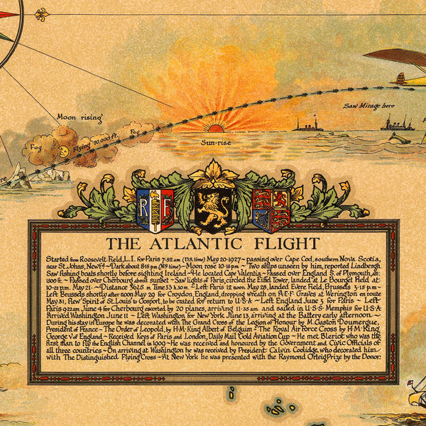 North America & Atlantic, 1928, Charles Lindbergh’s Flights, Commemorative Map