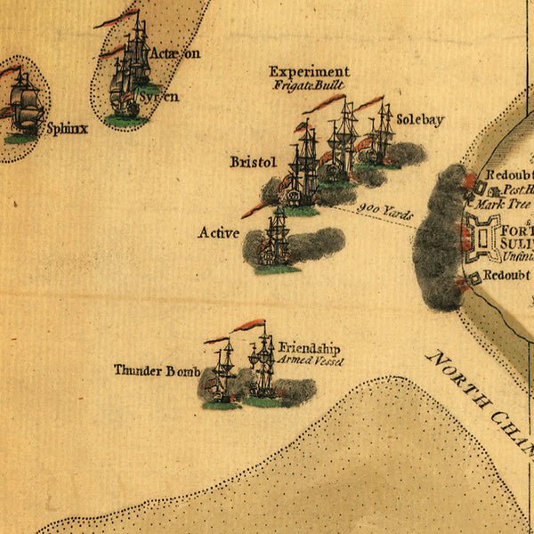 South Carolina, 1776, Battle of Fort Sullivan, Charleston, Revolutionary War Map