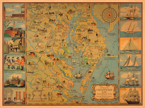 Chesapeake Bay, Pictorial Historical Vintage Map