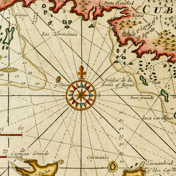 Caribbean, 1722, Cuba, Florida, Bahamas, Cayman Islands, Keulen Sea Chart