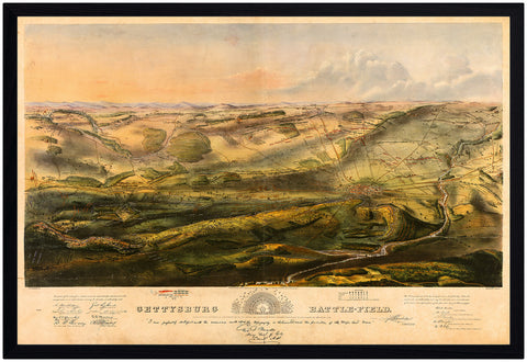 Gettysburg, 1863, Battlefield Bird’s Eye View, Framed
