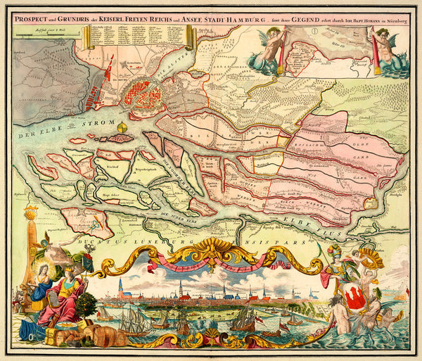 Hamburg, 1720, City Plan & View, Germany, Homann Map (I)