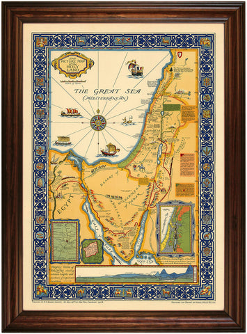 Holy Land, Beautiful Vintage Large Pictorial Map, Framed