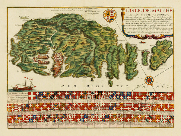 Malta, 1722, L'Isle de Malthe, Knights of St. John, Grand Masters, de Fer Map