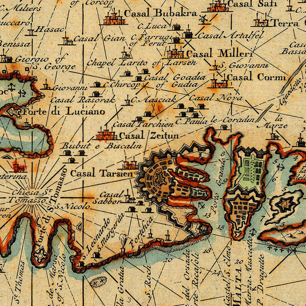 Malta, 1734, Chart, Plan & Views, Fortifications, Keulen Map