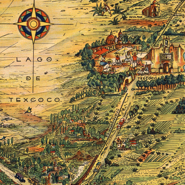 Mexico, 1930, Mexico City, Distrito Federal, Valley of Mexico, Vintage Pictorial Map
