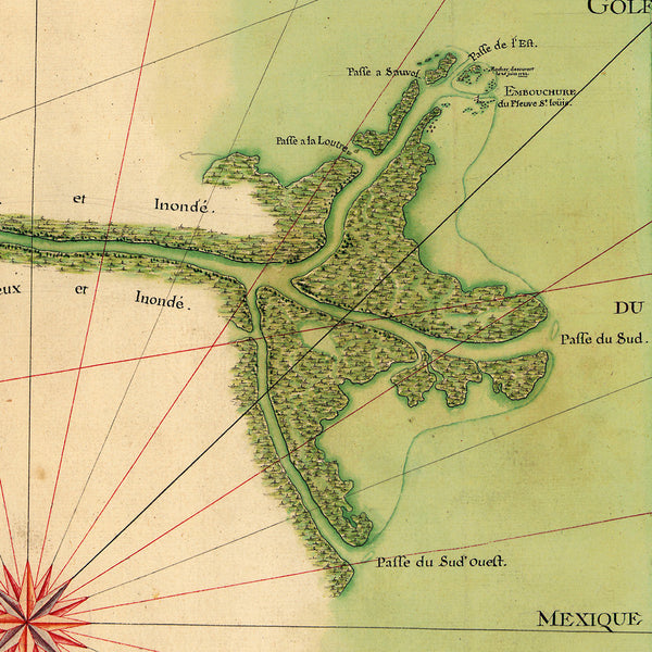 Mississippi River Delta, 1732, New Orleans, Old French Map