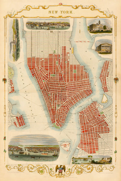 New York, 1851, Manhattan, City Plan by John Tallis, Framed