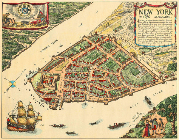 New York, 1674, Lower Manhattan, Vintage Map