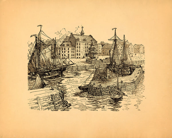 New York, 1679, City Hall & Docks, Ink Drawing, Art Print