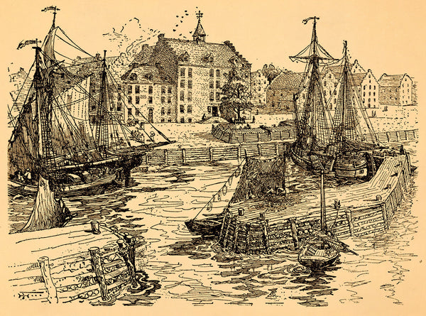 New York, 1679, City Hall & Docks, Ink Drawing, Art Print
