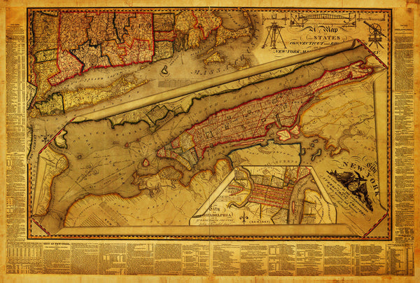New York, 1821, Manhattan & Philadelphia, Antique Map