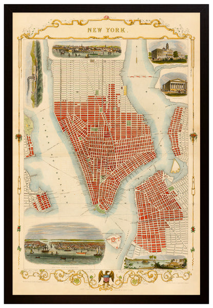 New York, 1851, Manhattan, City Plan by John Tallis, Framed