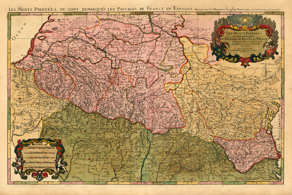 Pyrenees, 1694, Monts Pyrénées, France Spain Border, Old Map