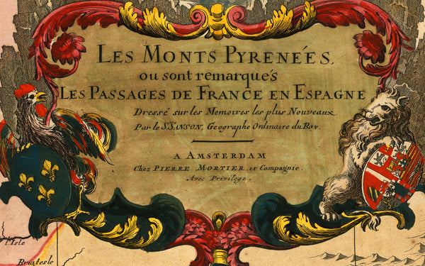 Pyrenees, 1694, Monts Pyrénées, France Spain Border, Old Map