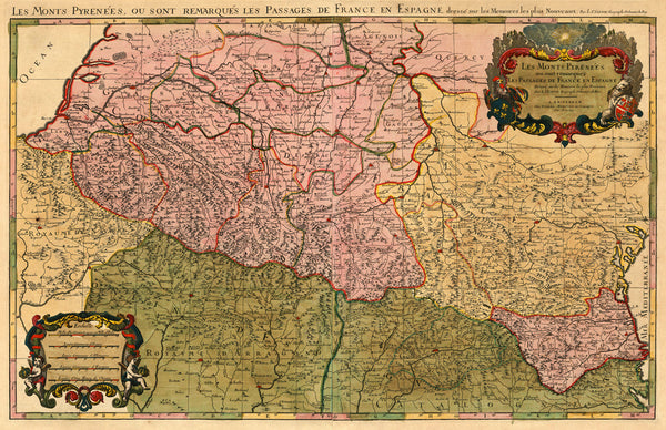 Pyrenees, 1694, Monts Pyrénées, France Spain Border, Old Map