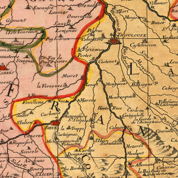 Pyrenees, 1694, Monts Pyrénées, France Spain Border, Old Map