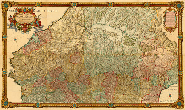 Pyrenees, 1730, Monts Pyrénées, France Spain Border, Old Map