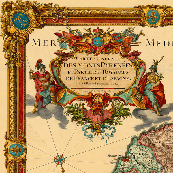 Pyrenees, 1730, Monts Pyrénées, France Spain Border, Old Map