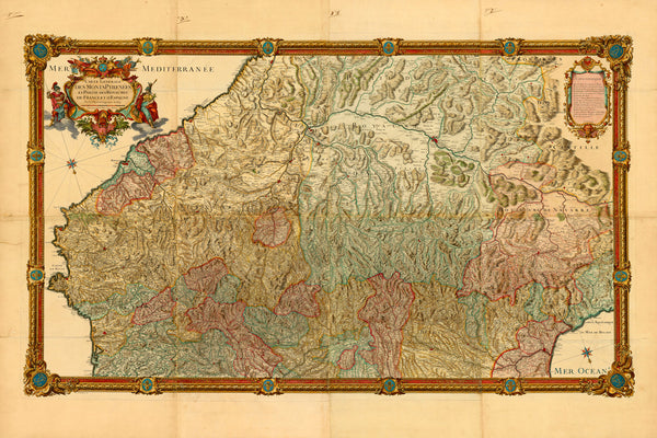 Pyrenees, 1730, Monts Pyrénées, France Spain Border, Old Map