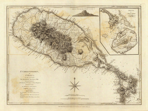 Caribbean, 1775, St. Kitts, St. Christopher, Nevis, Old Map