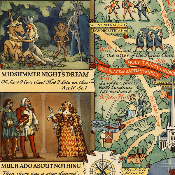 England, Stratford-upon-Avon, Shakespeare, Vintage Pictorial Map