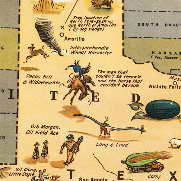 North America, Texas Brags, Humorous Vintage Pictorial Map