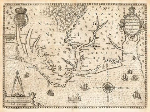 Virginia, 1590, Americæ Pars Nunc Virginia (II), White, De Bry Map