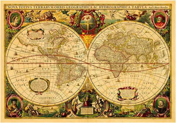 World, 1630, Hondius, Nova Totius Terrarum Orbis, Antique Map