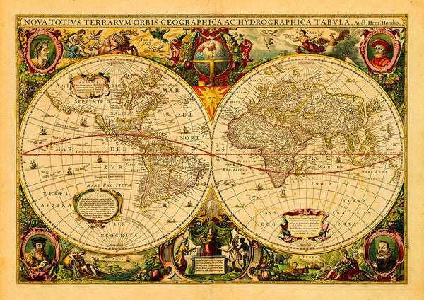 World, 1630, Hondius, Nova Totius Terrarum Orbis, Antique Map