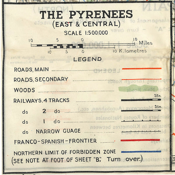Pyrenees, 1943, France Spain Border, WWII Cloth Map