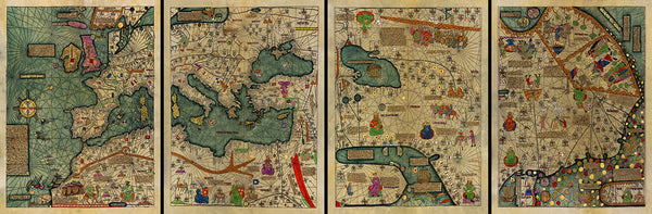 Medieval Map, All Kingdoms of the World, Catalan Atlas, 1375, 4-panel Set