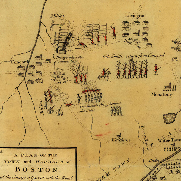 Boston, 1775, Siege, Battle of Lexington & Concord, Revolutionary War Map