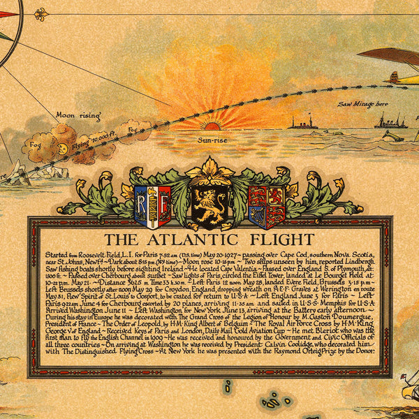 North America & Atlantic, 1928, Charles Lindbergh’s Flights, Commemorative Map