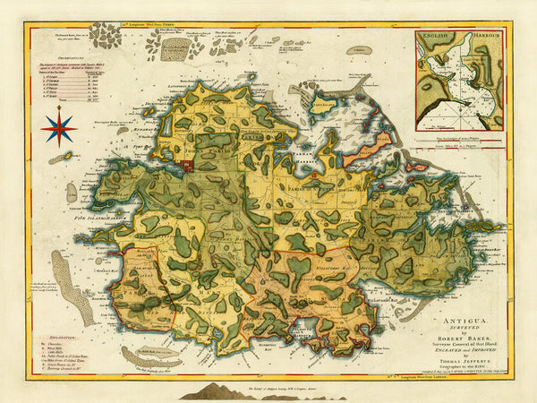 Caribbean, 1794, Antigua, English Harbour, St. John’s, Old Map