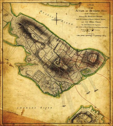 Boston, 1775, Bunker Hill, Battle, Plan of Action, Revolutionary War Map
