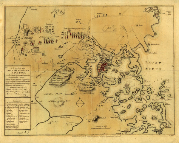 Boston, 1775, Siege, Battle of Lexington & Concord, Revolutionary War Map