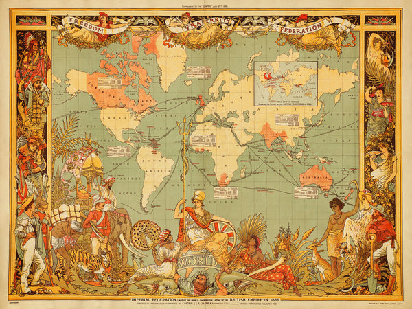 World, 1886, British Empire, Imperial Federation, Walter Crane, Vintage Map