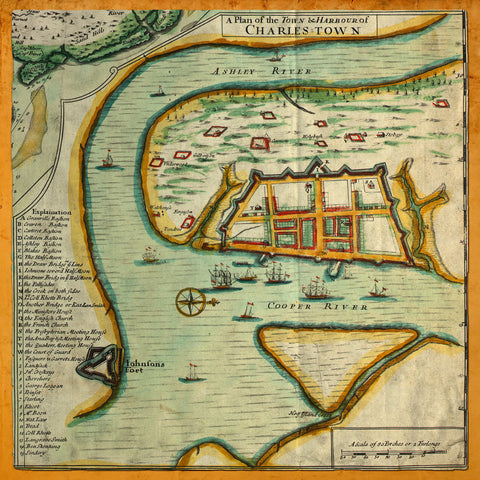 South Carolina, 1711, Charleston, Town & Harbor, Old Plan