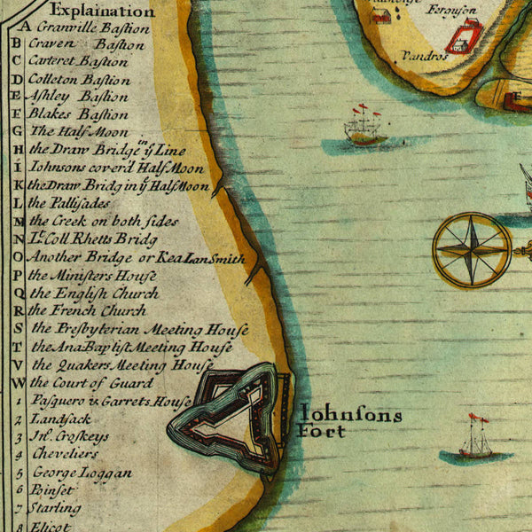 South Carolina, 1711, Charleston, Town & Harbor, Old Plan