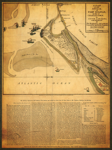South Carolina, 1776, Battle of Fort Sullivan, Charleston, Revolutionary War Map