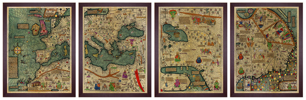 Medieval Map, All Kingdoms of the World, Catalan Atlas, 1375, 4-panel Framed Set