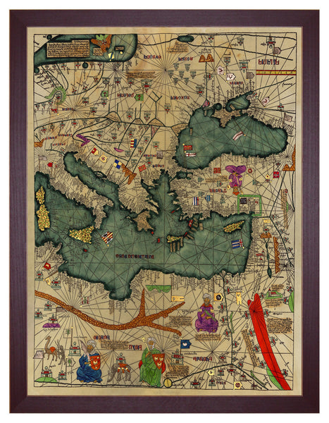 Medieval Map, All Kingdoms of the World, Catalan Atlas, 1375, 4-panel Framed Set