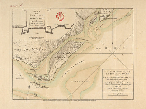 South Carolina, 1776, Charleston, Fort Moultrie, Fort Sulivan, Revolutionary War Map